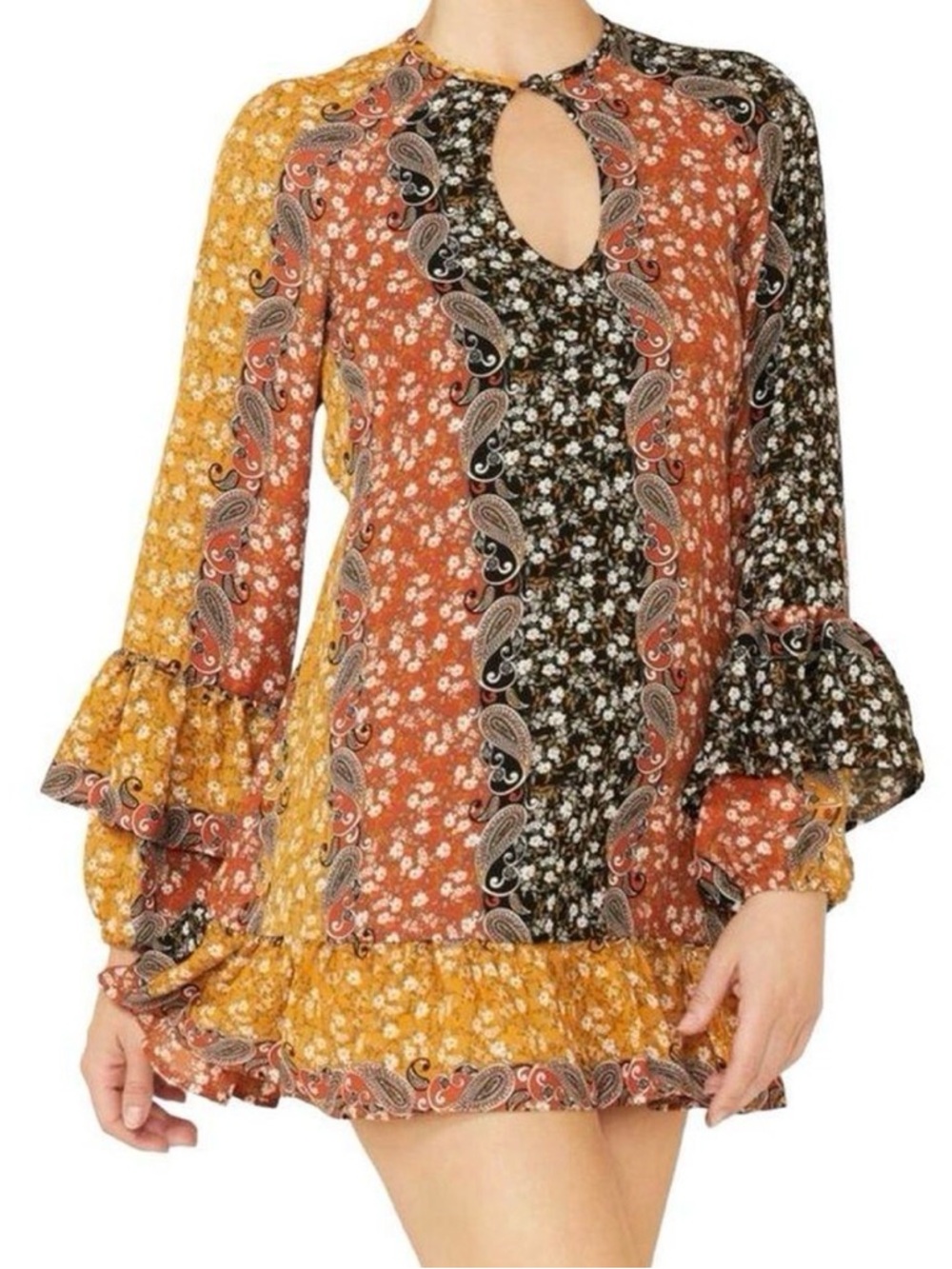 Shyanne Paisley Ruffle Patchwork Boho Mini Dress - Rust Mustard Black Size Large